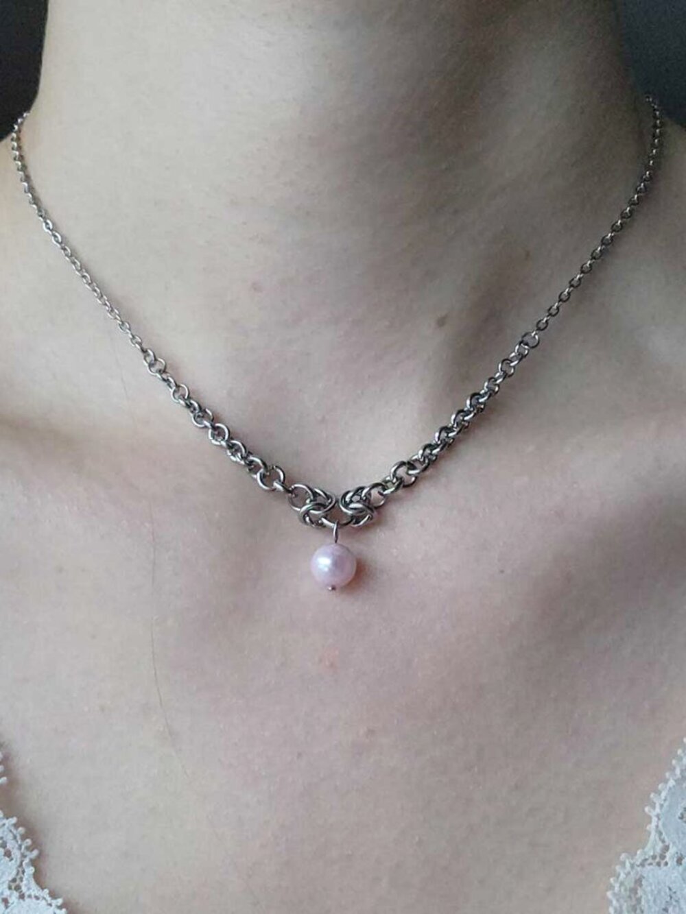 Vintage dainty pink pearl and silver necklace